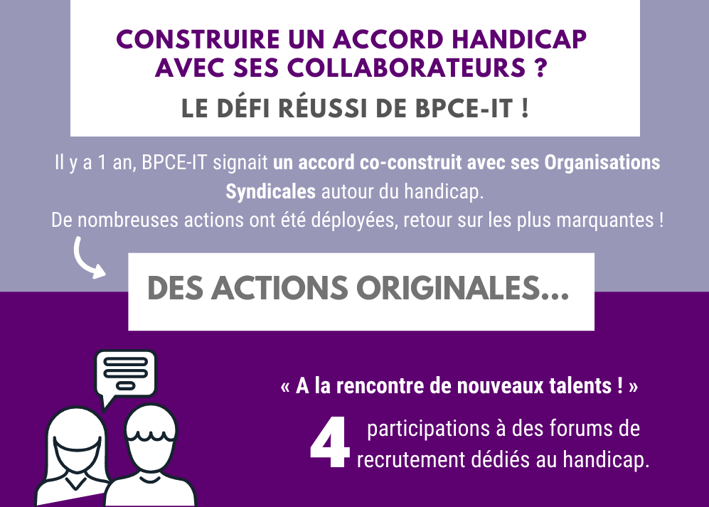 CONSTRUIRE UN ACCORD HANDICAP AVEC SES COLLABORATEURS ? LE DÉFI RÉUSSI DE BPCE-IT ! Il y a 1 an, BPCE-IT signait un accord co-construit avec ses Organisations Syndicales autour du handicap. De nombreuses actions ont été déployées, retour sur les plus marquantes ! Des actions originales… « A la rencontre de nouveaux talents ! » 4participations à des forums de recrutement dédiés au handicap.