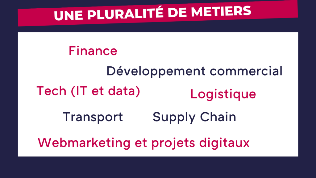 Une pluralité de métiers : Finance, Développement Commercial, Tech (IT et data), logistique, transport, supply chain, webmarketing et projets digitaux