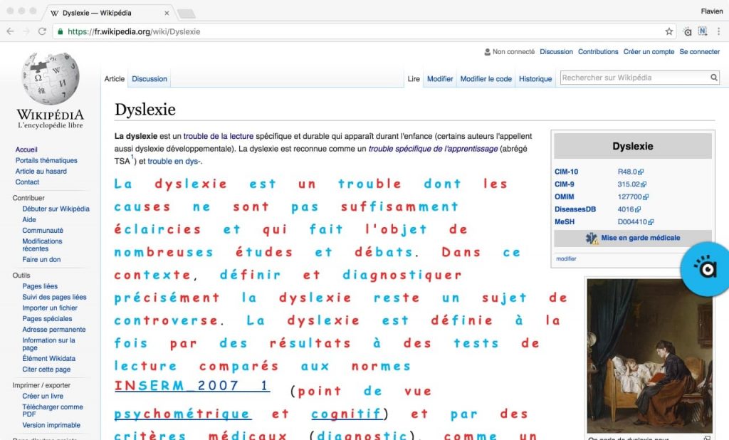 Capture d'écran de la page wikipédia de la dyslexie lue avec l'application.
