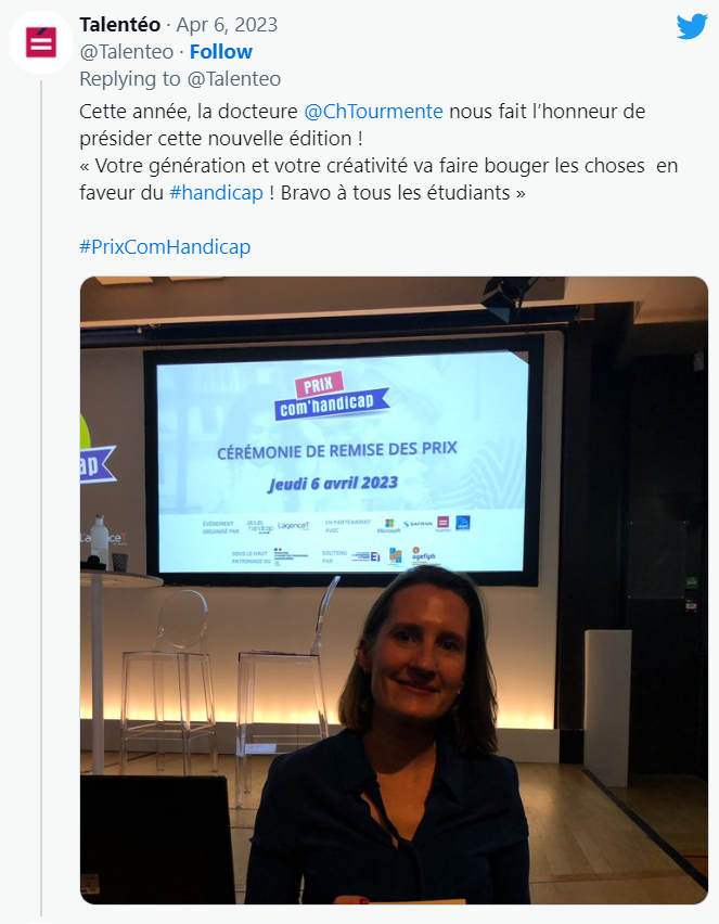 Cette année, la docteure @ChTourmente nous fait l’honneur de présider cette nouvelle édition ! « Votre génération et votre créativité va faire bouger les choses en faveur du #handicap ! Bravo à tous les étudiants » #PrixComHandicap