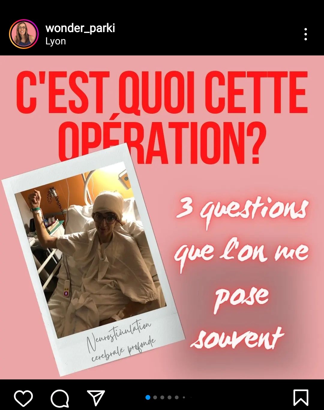 Post Instagram de Wonder_Parki. Sur le visuel il y a une photo d'Elodie dans une chambre d'hôpital. Il est écrit : "C'est quoi cette opération ? 3 questions que l'on se pose souvent." Cliquez sur l'image pour découvrir le post. 