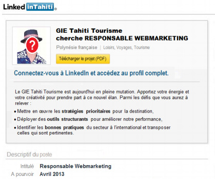 Capture d'écran du faux profil LinkedIn créé pour le recrutement d'un responsable webmarketing