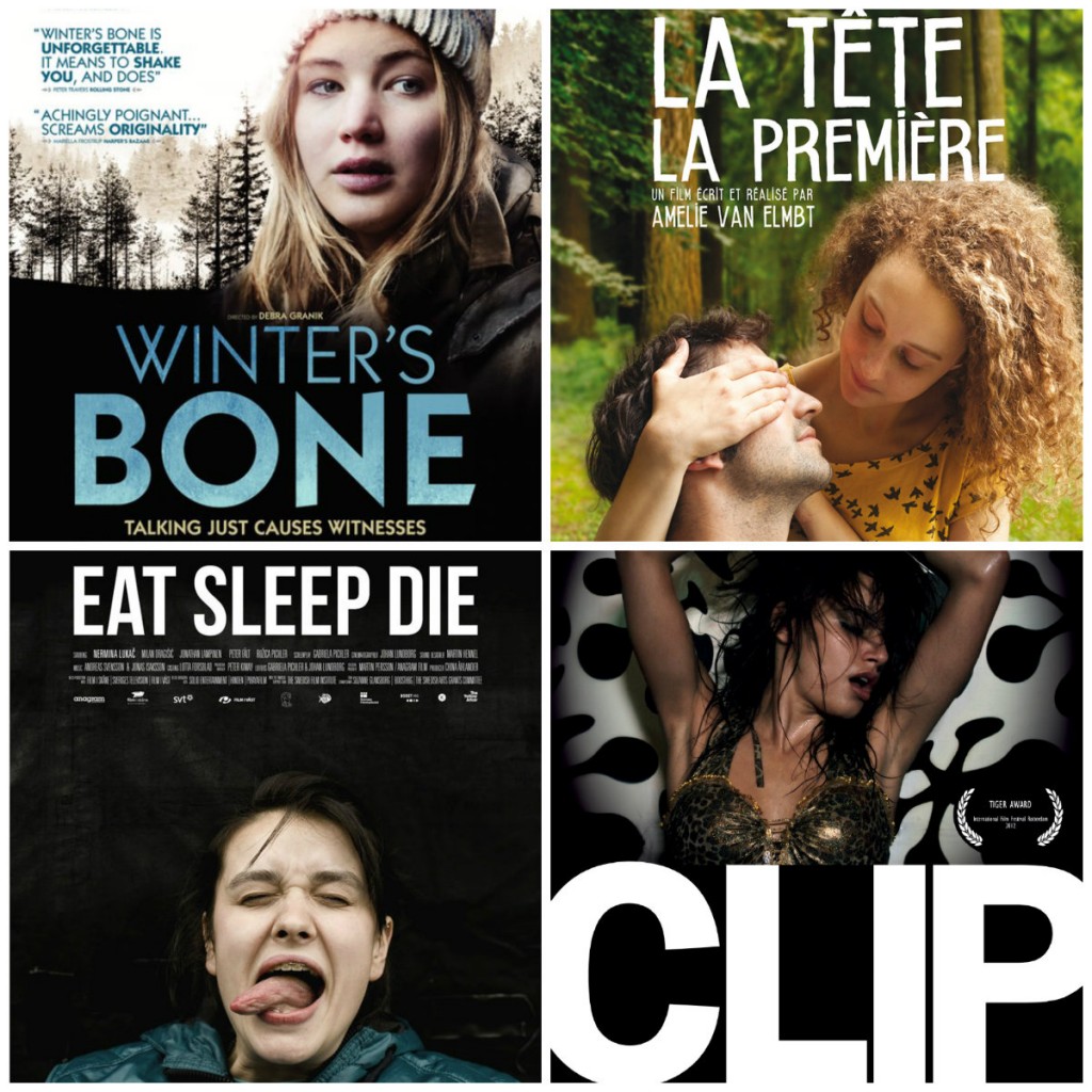 Affiches des films Winter's bone, La tête la première, Eat sleep die et Clip