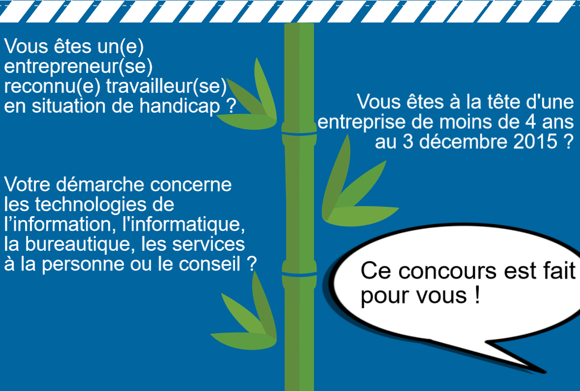 Vous êtes un(e) entrepreneur(se) reconnu(e) travailleur(se) en situation de handicap ? Vous êtes à la tête d'une entreprise de moins de 4 ans au 3 décembre 2015? Votre démarche concerne les technologies de l'information, l'informatique, la bureautique, les services à la personne ou le conseil? Ce concours est fait pour vous! 