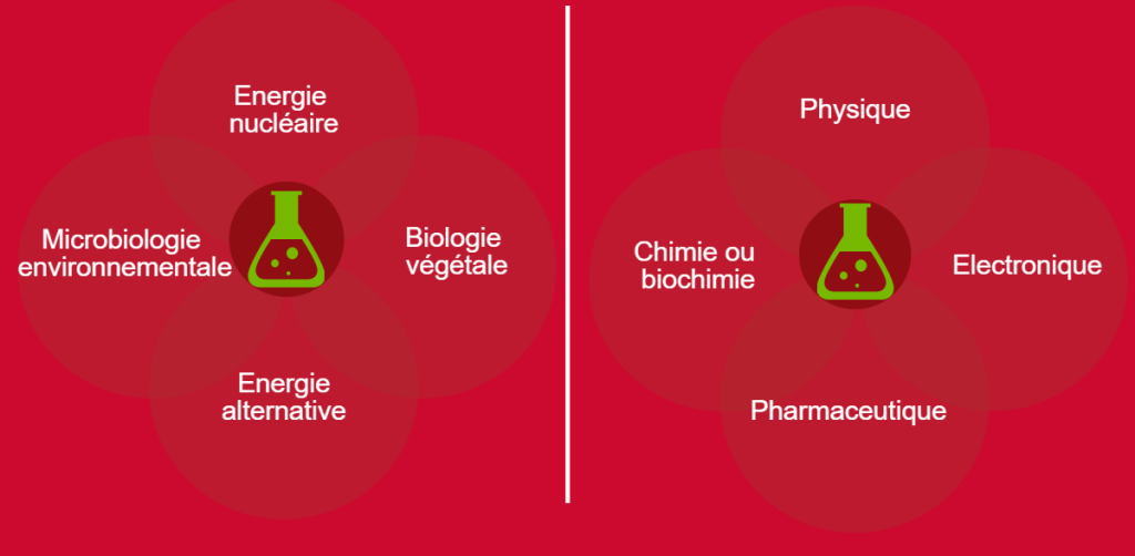 8 secteurs d'activités : CEA Grenoble : Energie nucléaire, microbiologie environnementale, biologie végétale, énergie alternative. CEA Cadarache : Physique, chimie ou biochimie, Electronique, pharmaceutique. 