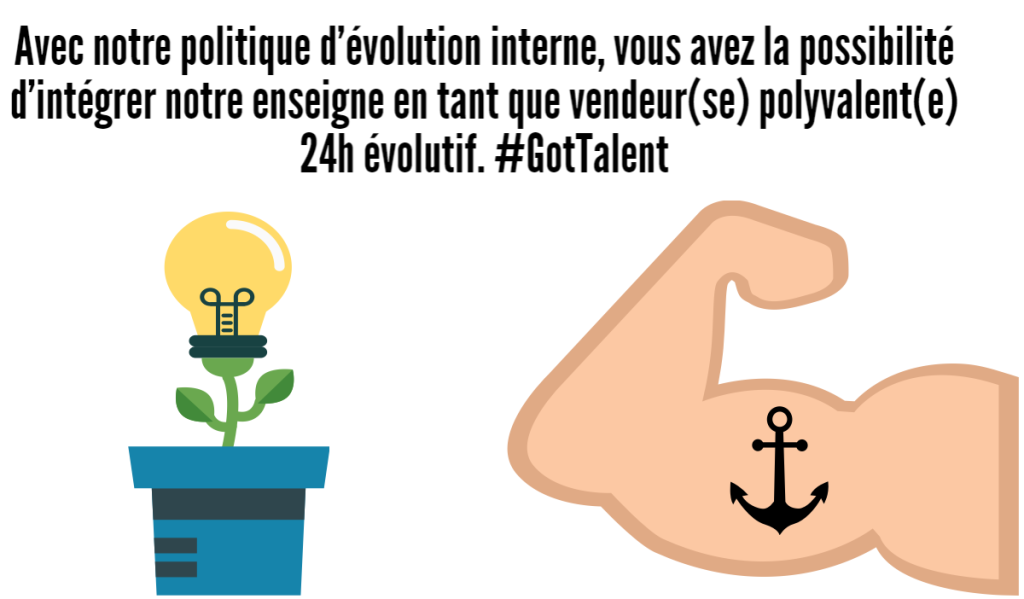 Avec notre politique d’évolution interne, vous avez la possibilité d’intégrer notre enseigne en tant que vendeur(se) polyvalent(e) 24h évolutif. #GotTalent