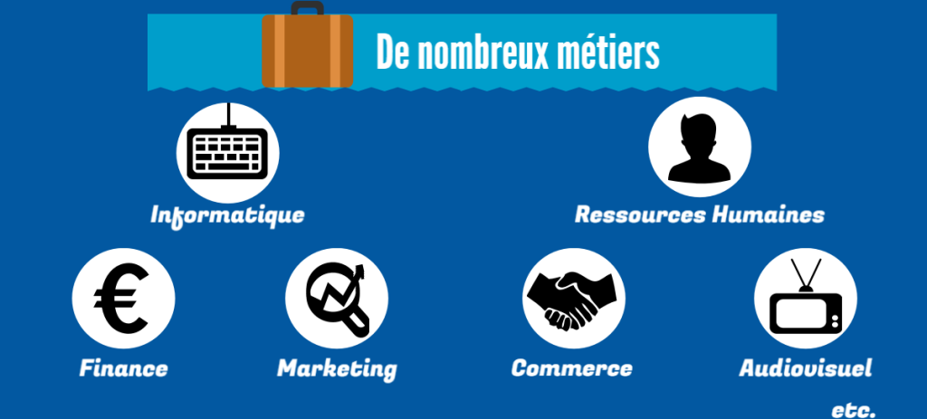 De nombreux métiers: informatique, ressources humaines, finance, marketing, commerce, audiovisuel, etc.