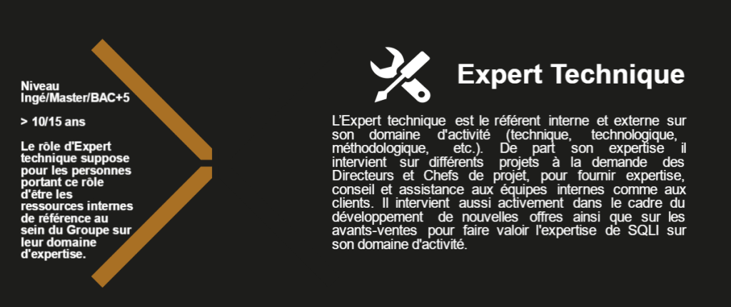 Expert Technique L’Expert technique est le référent interne et externe sur son domaine d'activité (technique, technologique, méthodologique, etc.). De part son expertise il intervient sur différents projets à la demande des Directeurs et Chefs de projet, pour fournir expertise, conseil et assistance aux équipes internes comme aux clients. Il intervient aussi activement dans le cadre du développement de nouvelles offres ainsi que sur les avants-ventes pour faire valoir l'expertise de SQLI sur son domaine d'activité. Niveau Ingé/Master/BAC+5 > 10/15 ans Le rôle d'Expert technique suppose pour les personnes portant ce rôle d'être les ressources internes de référence au sein du Groupe sur leur domaine d'expertise.