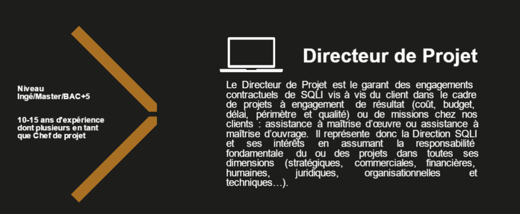 Directeur de Projet Le Directeur de Projet est le garant des engagements contractuels de SQLI vis à vis du client dans le cadre de projets à engagement de résultat (coût, budget, délai, périmètre et qualité) ou de missions chez nos clients : assistance à maîtrise d’œuvre ou assistance à maîtrise d’ouvrage. Il représente donc la Direction SQLI et ses intérêts en assumant la responsabilité fondamentale du ou des projets dans toutes ses dimensions (stratégiques, commerciales, financières, humaines, juridiques, organisationnelles et techniques…). Niveau Ingé/Master/BAC+5 10-15 ans d'expérience dont plusieurs en tant que Chef de projet