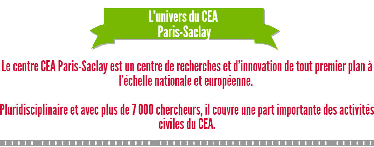 L'univers du CEA Paris-Saclay : Le centre CEA Paris-Saclay est un centre de recherches et d'innovation de tout premier plan à l'échelle nationale et européenne. Pluridisciplinaire et avec plus de 7 000 chercheurs, il couvre une part importante des activités civiles du CEA.