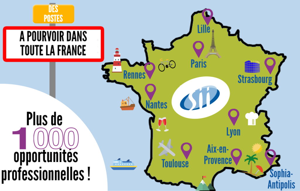 Des postes à pourvoir dans toute la France : Lille, Rennes, Paris, Strasbourg, Lyon, Toulouse, Aix-en-Provence, Sophia-Antipolis. Plus de 1000 opportunités professionnelles.