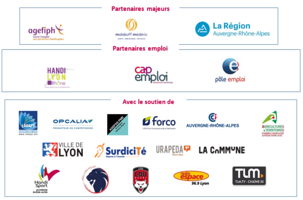 Partenaires majeurs : Agefiph, Malakoff Méderic, La Région Auvergne-Rhône-Alpes. Partenaires emploi : Handi Lyon Rhône, Cap Emploi, Pôle Emploi. Avec le soutien de LADAPT, Opcalia, Agefos PME, Forco, CCI Auvergne Rhône Alpes, Chambre d'Agriculture Auvergne Rhône Alpes, Ville de Lyon, Surdicité, URAPEDA Rhône Alpes, La COMMUNE, Fédération Handisport Auvergne Rhône Alpes, Le Lou Rugby, Radio Espace, TLM, Lyon Volley