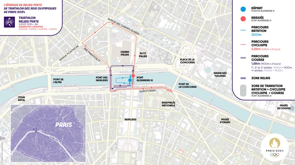Parcours de l'épreuve de relai mixte de triathlon aux Jeux de Paris 2024