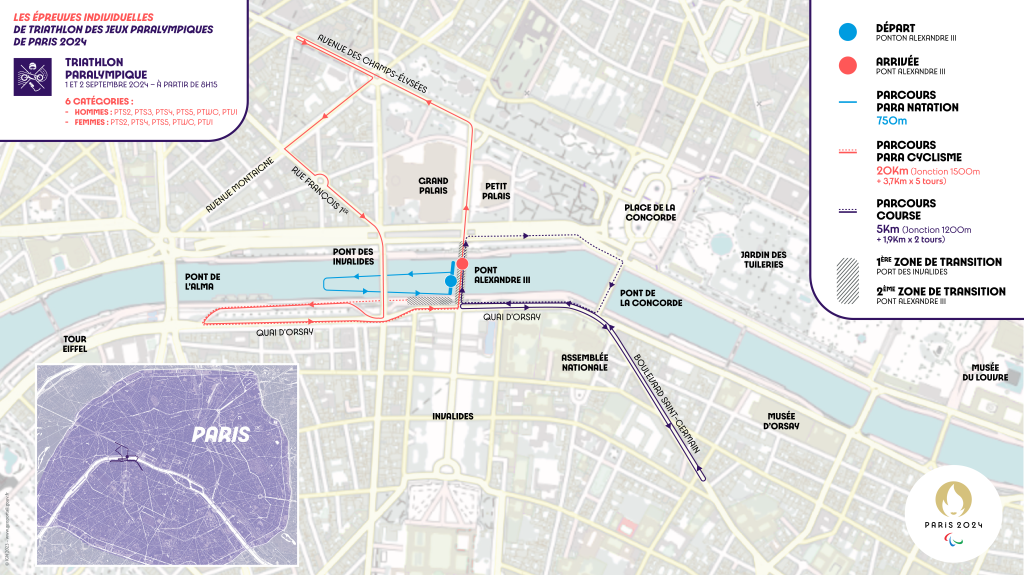 Parcours épreuve individuelle de para triathlon aux Jeux de Paris 2024.