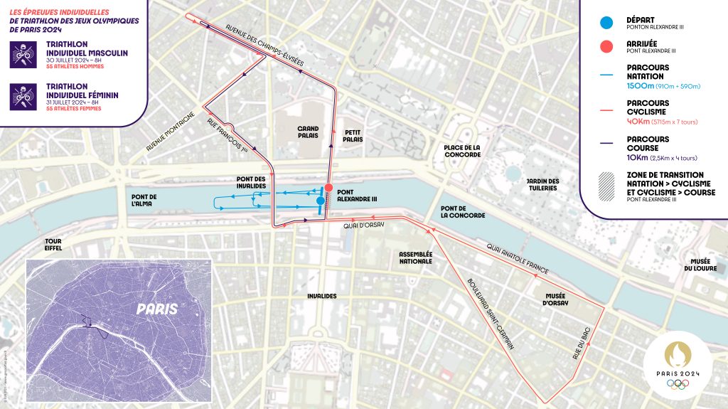 Parcours épreuve individuelle de triathlon des Jeux Olympiques de Paris 2024.