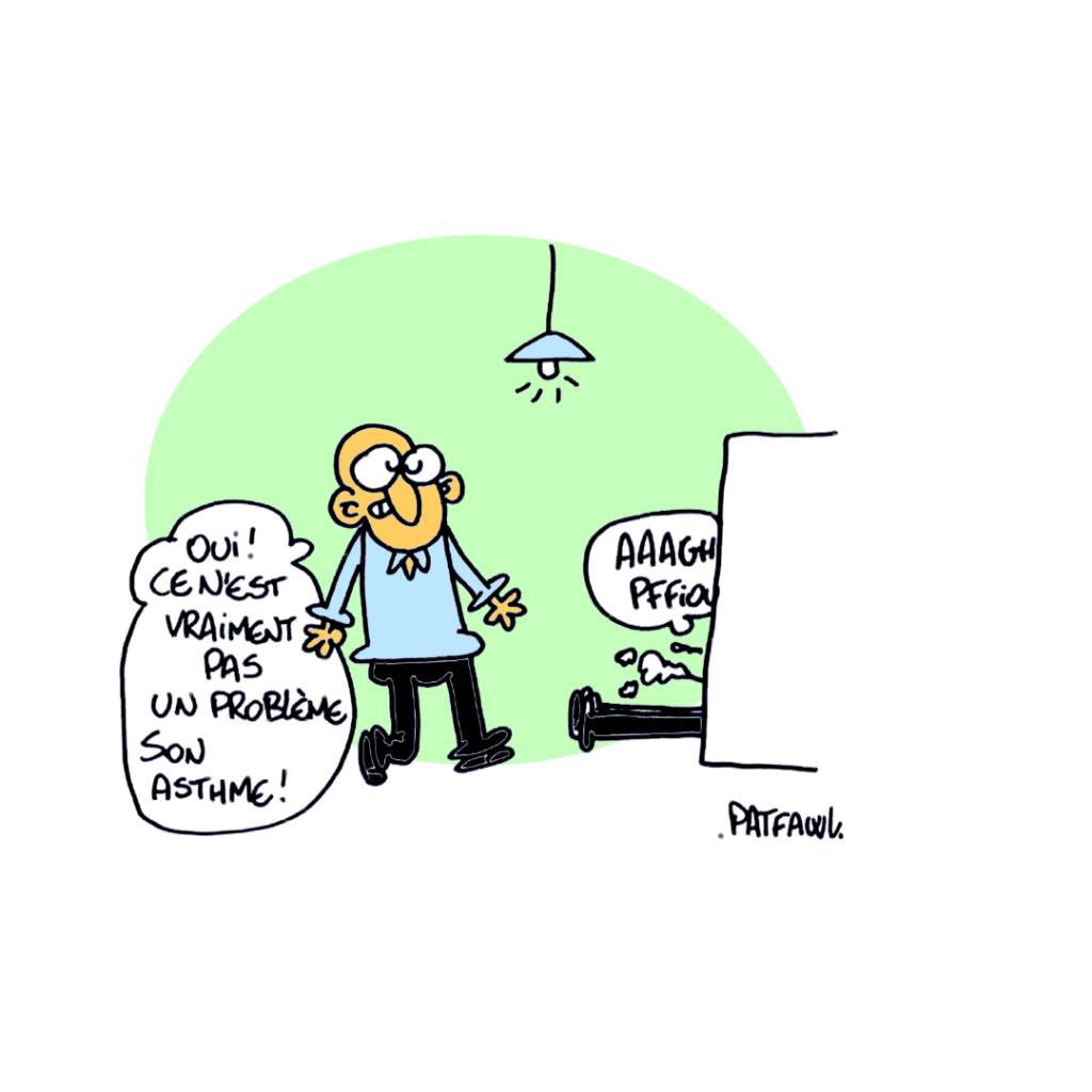 "Oui ce n'est vraiment pas un problème son asthme !" dit un personnage. Un second est allongé au sol s'asphyxiant.