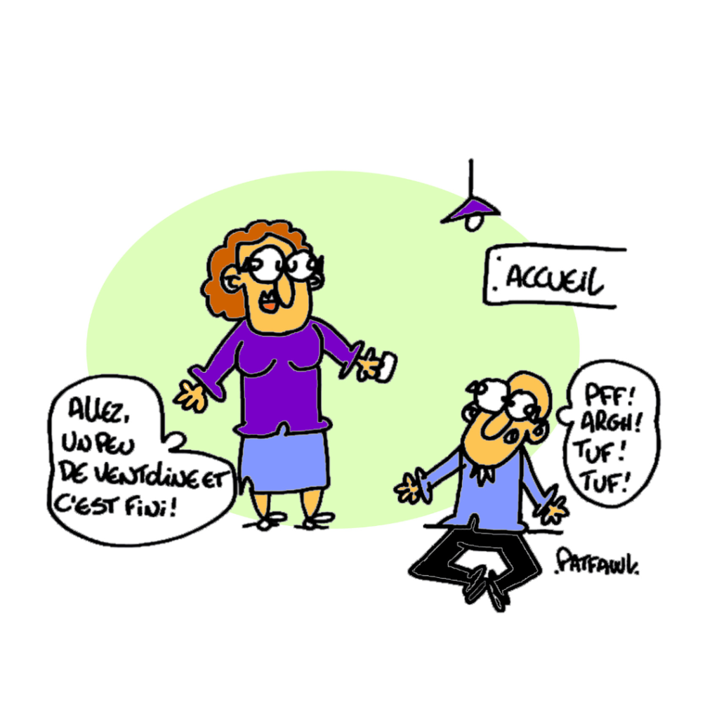 Personnage 1 : "Allez, un peu de Ventoline et c'est fini !" Le second personnage est assis par terre et suffoque.