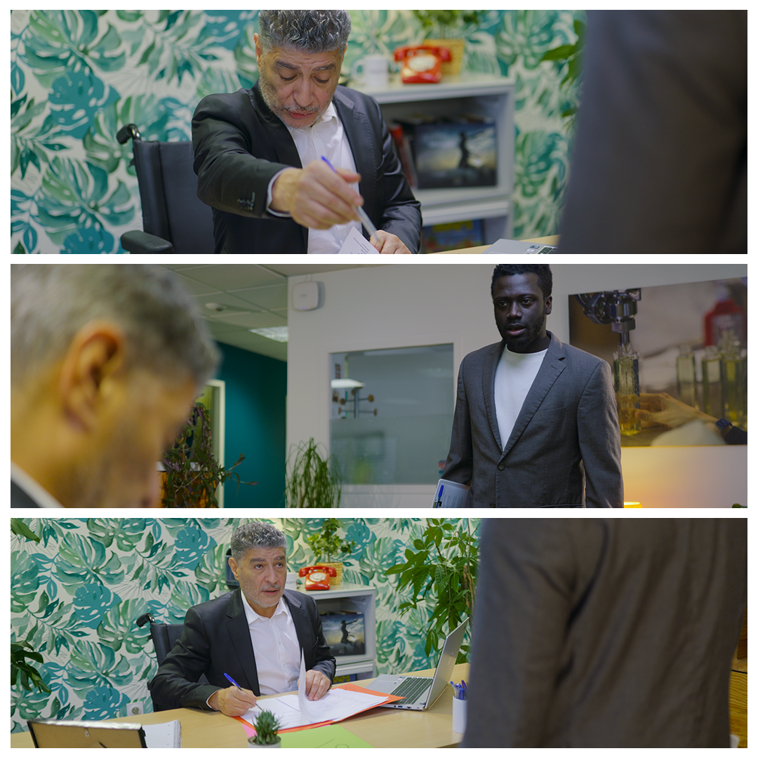 Un recruteur (Adda Abdelli) et un candidat (Souleymane TOURE) à un entretien d'embauche
